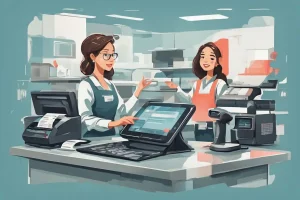 Sistem kasir otomatis untuk bisnis di toko menggunakan tablet POS dan scanner barcode